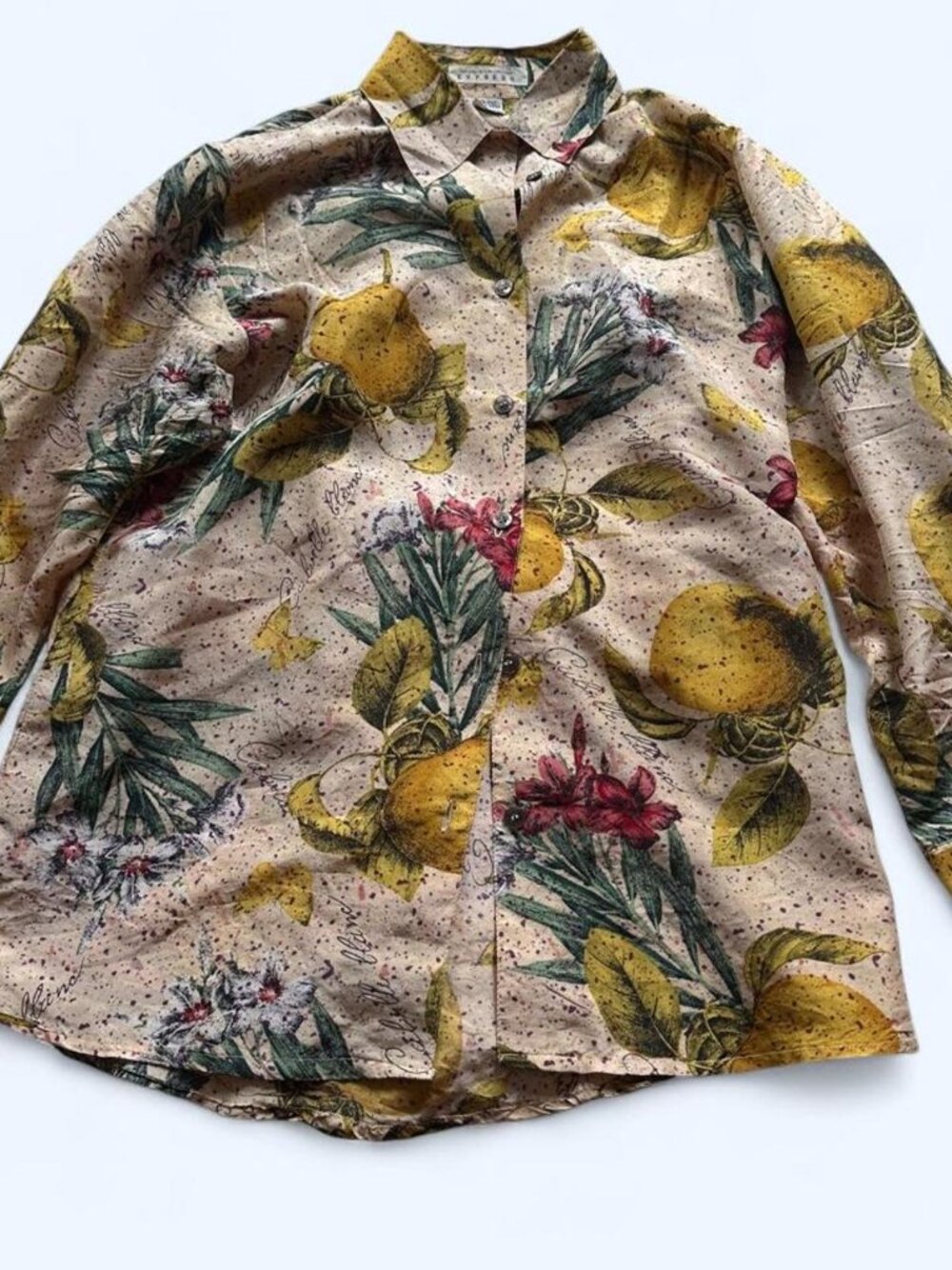 Vintage Express 100% Silk Lemon Print Button-Up Blouse S